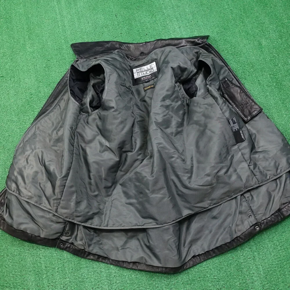 WILSONS LEATHER PELLE STUDIO‎ BLACK ZIP UP LEATHER JACKET MENS SZ L **READ**
